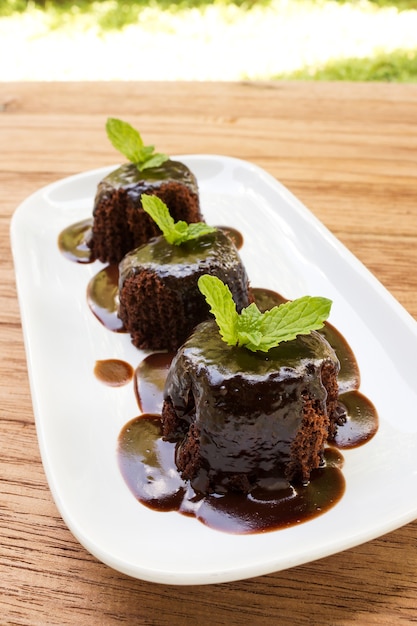 Gâteau au chocolat avec sauce au chocolat sur une plaque blanche.