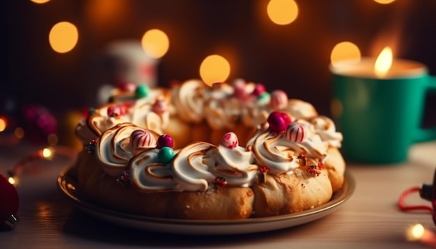 Gâteau au chocolat sucré avec décoration de baies et bougie générée par IA