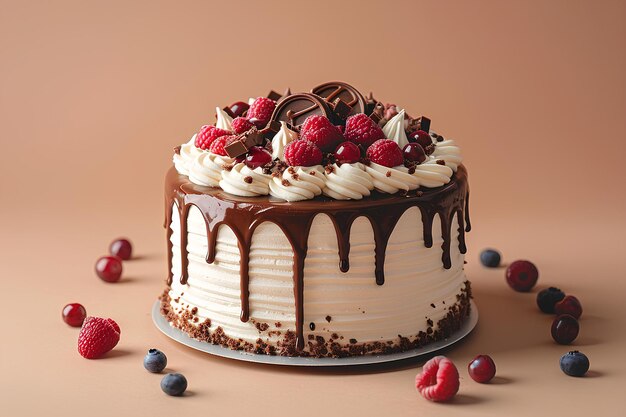 Un gâteau au chocolat surmonté de framboises et de glaçage au chocolat