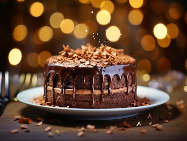 Gâteau au chocolat sur la table avec des lumières bokeh en arrière-plan