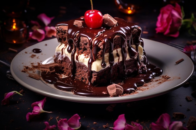 Un gâteau au chocolat tentant avec des ganaches au chocolat et des gouttes de chocolat