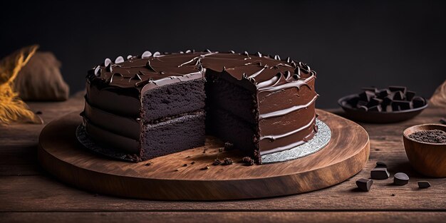 Un gâteau au chocolat avec une tranche coupée.