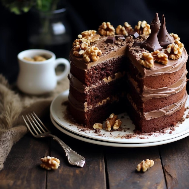 Un gâteau au chocolat avec une tranche retirée de celui-ci