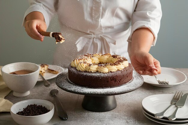 Photo un gâteau au chocolat à la vanille et à l'amande sur un stand à gâteau en poudre avec du sucre