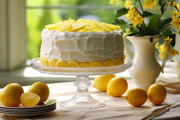 Un gâteau au citron présenté sur une planche de bois avec un pot de fromage au citron