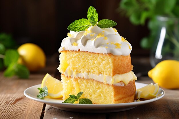 Un gâteau au citron servi avec une cuillère de glace au citron dans un plat en verre