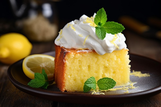 Un gâteau au citron servi avec une cuillère de glace au citron dans un plat en verre