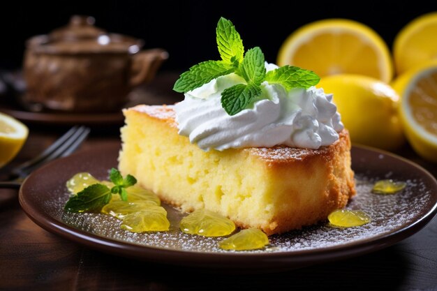 Un gâteau au citron servi avec une cuillère de glace au citron dans un plat en verre