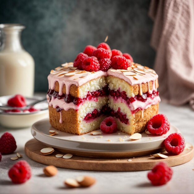 Photo un gâteau au four à la framboise avec des couches de confiture de framboise éponge moelleuse