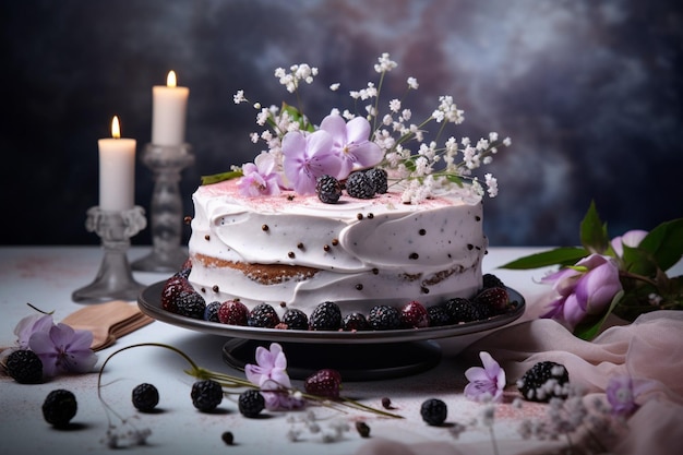 Un gâteau au four sur une table lumineuse.