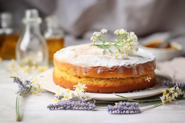 Photo un gâteau au four sur une table lumineuse.