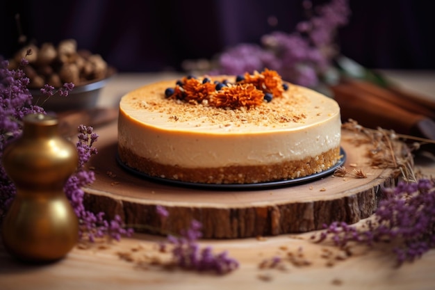 Gâteau au fromage au beurre de citrouille avec caramel sur le dessus Illustration générative d'IA