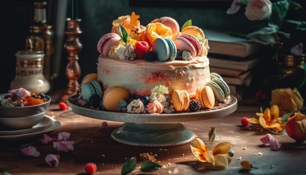 Gâteau au fromage au chocolat gourmet avec décoration de framboises et de bleuets sur table en bois générée par l'intelligence artificielle