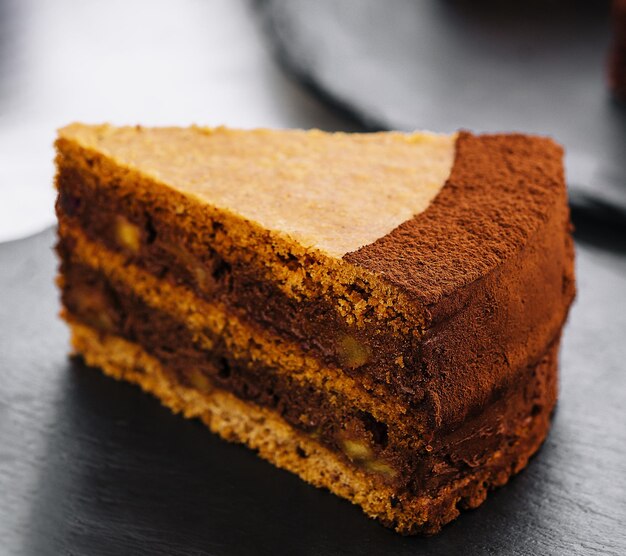 Gâteau au fromage au chocolat noir sur planche de pierre