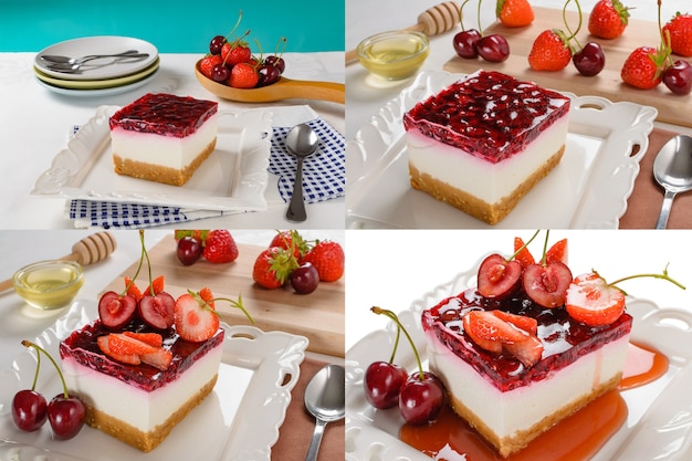 Gâteau au fromage aux baies, fraise fraîche et gâteau au fromage aux cerises sur la table. Collage de photos d'ensemble.