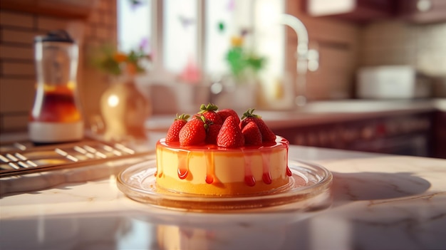Un gâteau au fromage aux fraises avec une fraise sur le dessus est assis sur une table dans une cuisine.