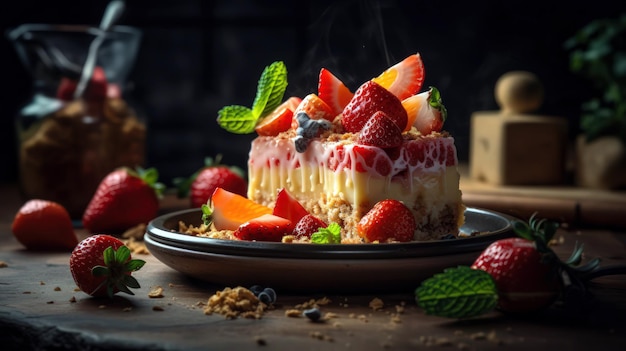 Un gâteau au fromage aux fraises avec des fraises et des myrtilles sur une assiette