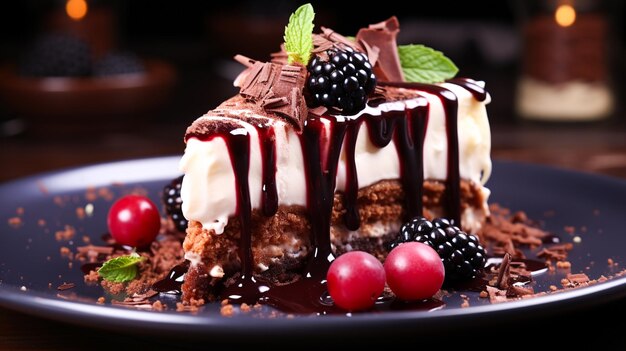 Gâteau au fromage aux framboises et au chocolat en couches sur une plaque de bois rustique