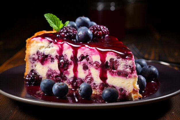 Un gâteau au fromage aux framboises et aux bleuets sur une table en bois