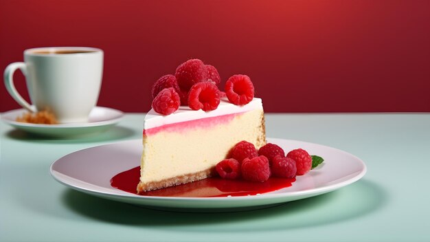 Un gâteau au fromage aux framboises avec une tasse de café sur un fond coloré AI Generative