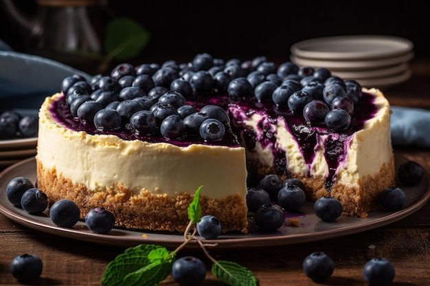 Gâteau au fromage aux myrtilles avec une sauce aux myrtilles