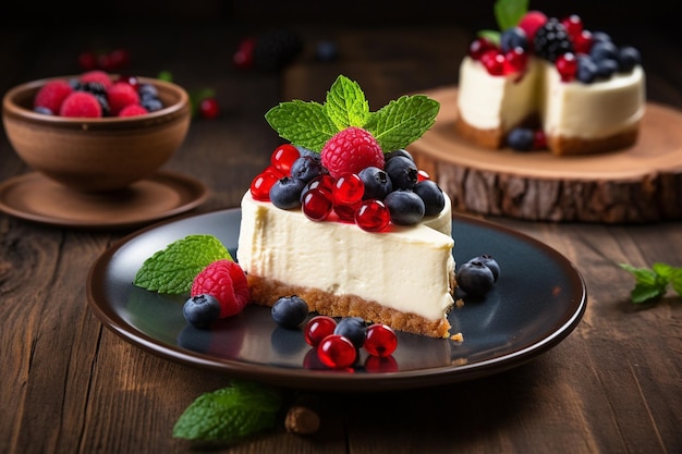 Un gâteau au fromage avec des baies fraîches, une garniture, une délicieuse présentation de dessert.