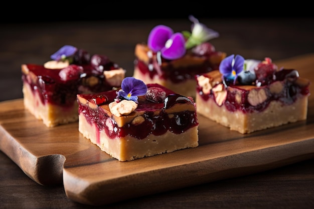 Un gâteau au fromage avec des baies et des noix sur une planche de bois