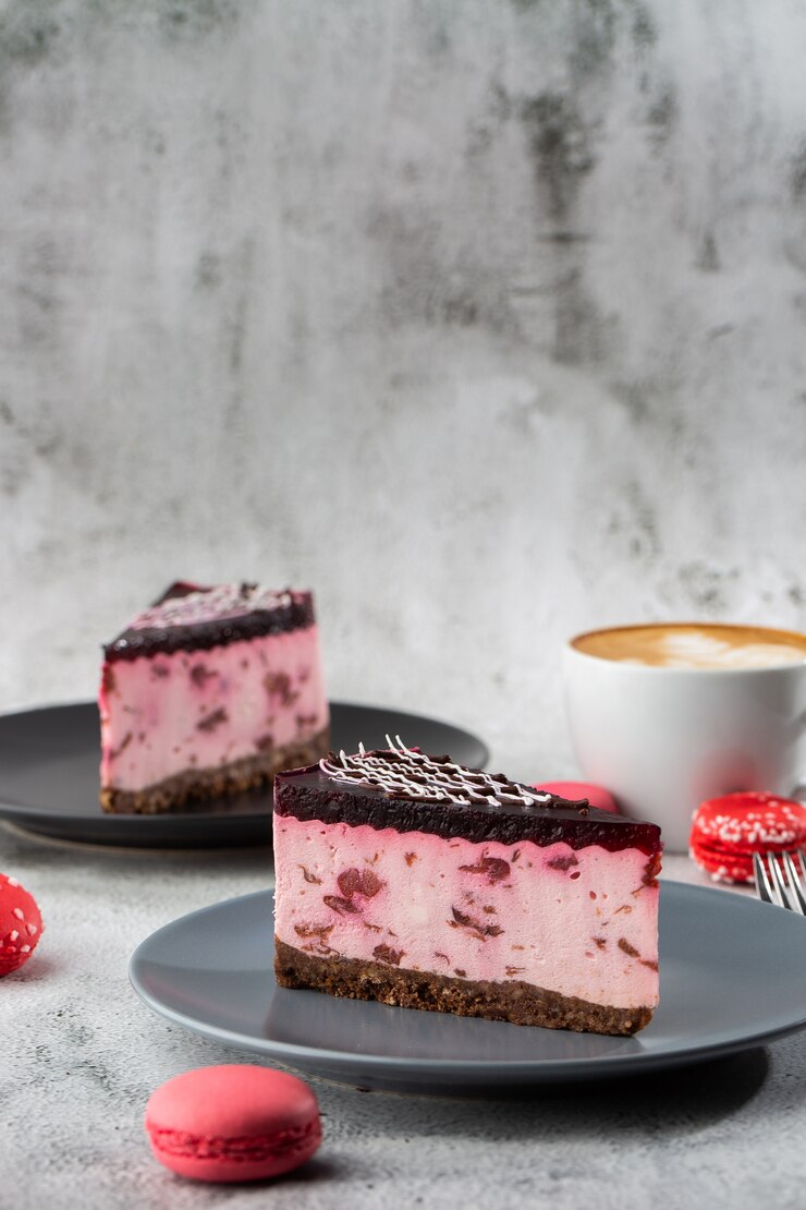 Gâteau au fromage avec cerise avec une tasse de café sur le tableau blanc. Vue rapprochée. Petit déjeuner savoureux. Morceau de gâteau sur plaque noire, tasse blanche sur fond de marbre blanc. Photo verticale.