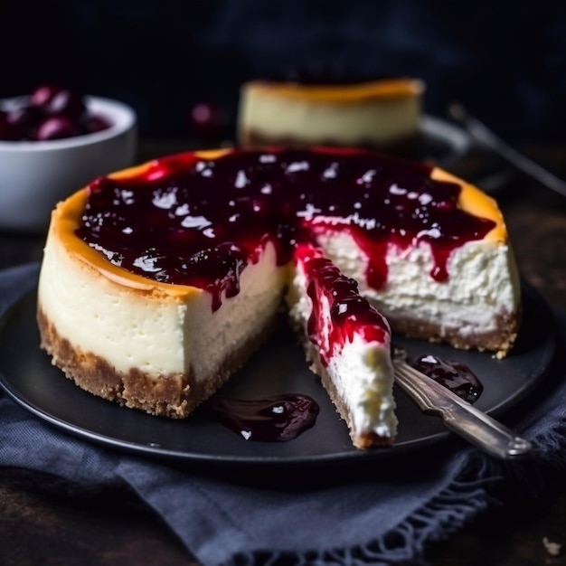 Un gâteau au fromage avec de la confiture et des baies fraîches sur l'assiette Un gâteau maison délicieux