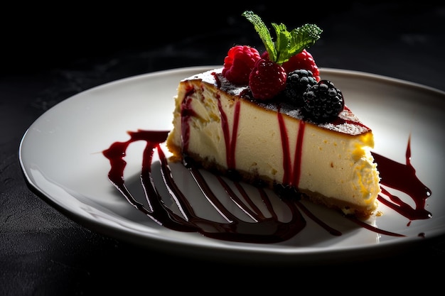 Photo un gâteau au fromage élégant garni de baies fraîches et de coulis sur une assiette blanche