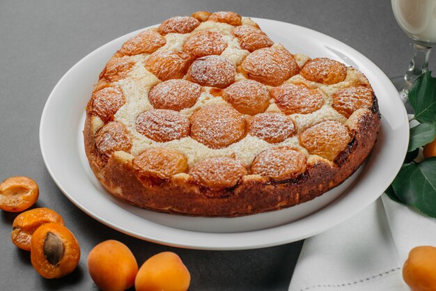 Gâteau au fromage fait maison avec des abricots sur gris