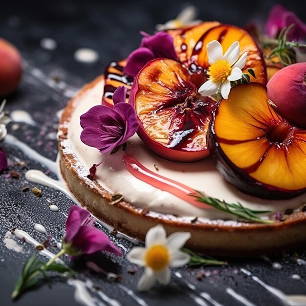 Photo gâteau au fromage fraîchement cuit tarte aux pêches