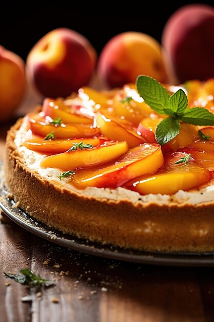 Photo gâteau au fromage fraîchement cuit tarte aux pêches