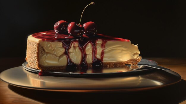 Gâteau au fromage frais avec des baies de fruits sur une table en bois Morceau de dessert avec sauce au caramel Recette traditionnelle classique générée par l'IA