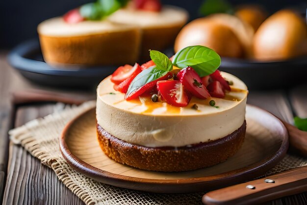 un gâteau au fromage avec des fraises et de la crème sur une assiette