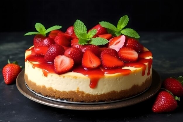 Un gâteau au fromage avec des fraises et des fraises sur le dessus.