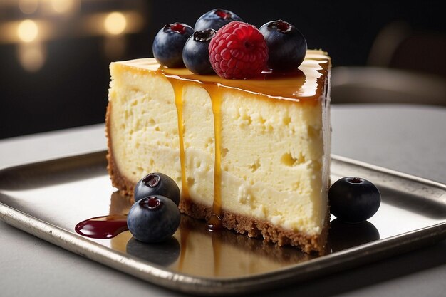 un gâteau au fromage avec des framboises et des bleuets dessus