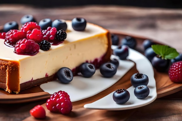 Un gâteau au fromage avec des framboises et des myrtilles dessus