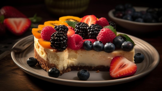 Un gâteau au fromage avec des fruits dessus