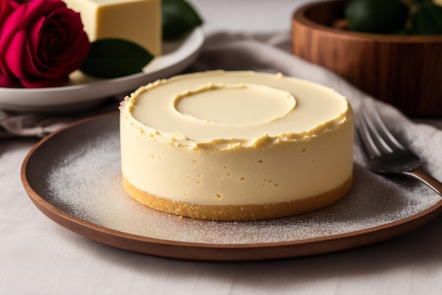 Un gâteau au fromage avec une garniture au fromage à la crème sur une assiette.