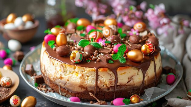 Gâteau au fromage de Pâques fait maison, fromage cottage sucré cuit avec des œufs au chocolat Ester et des gouttes de chocolat avec des décorations de vacances et des fleurs de printemps