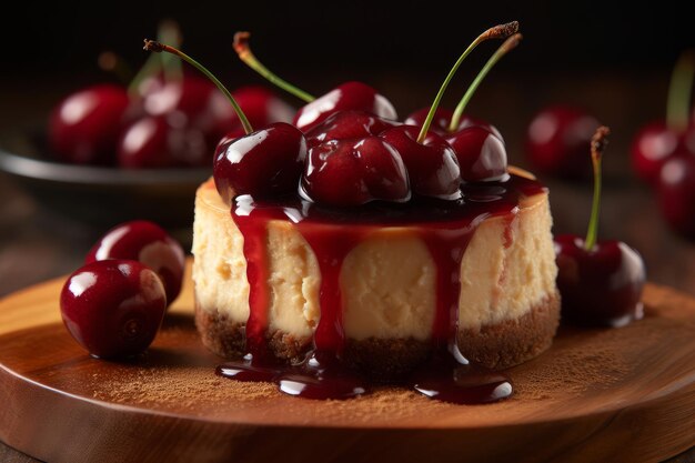 Un gâteau au fromage avec une sauce aux cerises sur le dessus