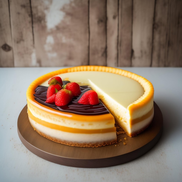 Un gâteau au fromage avec une tranche découpée