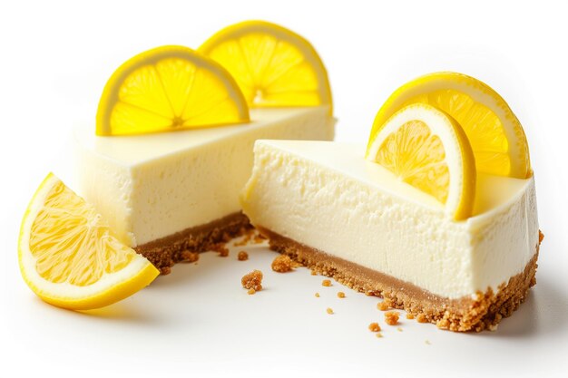 Un gâteau au fromage avec des tranches de citron sur fond blanc