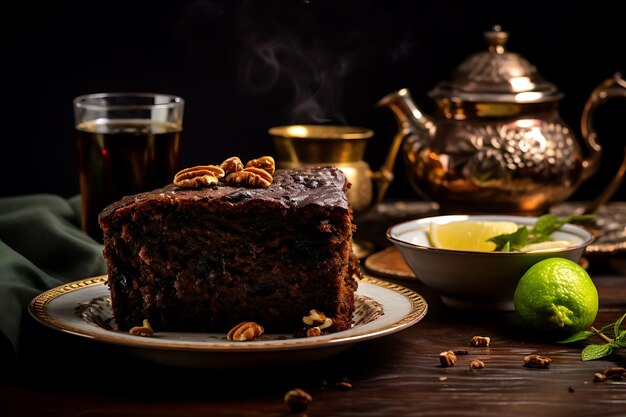 Photo un gâteau au pain au chocolat avec des noix et des prunes sur la table avec du thé vert