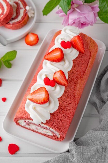 Gâteau au velours rouge avec des fraises fraîches et du fromage à la crème dessert de la Saint-Valentin Focus sélectif