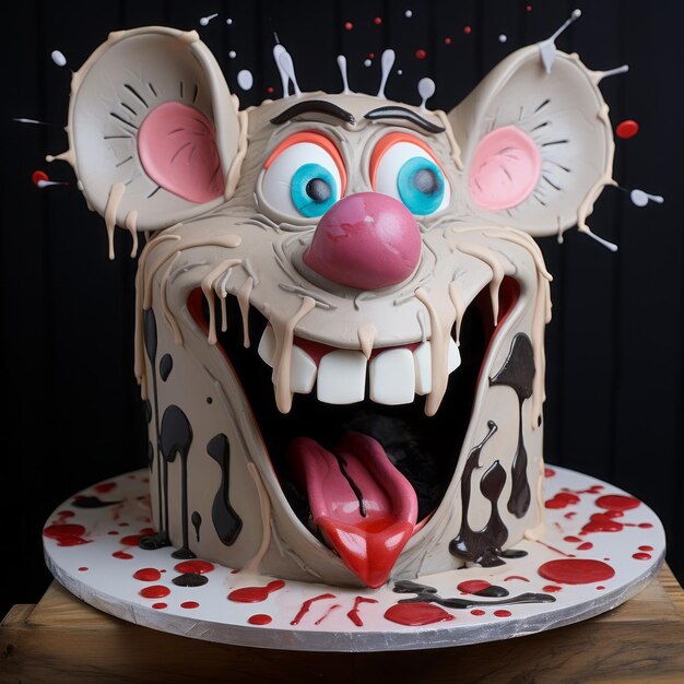 Un gâteau au visage de tarte à thème de rat dans le style des dessins animés