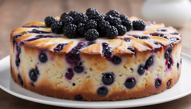 Un gâteau au yogourt avec des bleuets et des mûres.