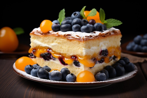 Gâteau aux abricots et aux bleuets avec des bleuets frais et des fruits d'abricot