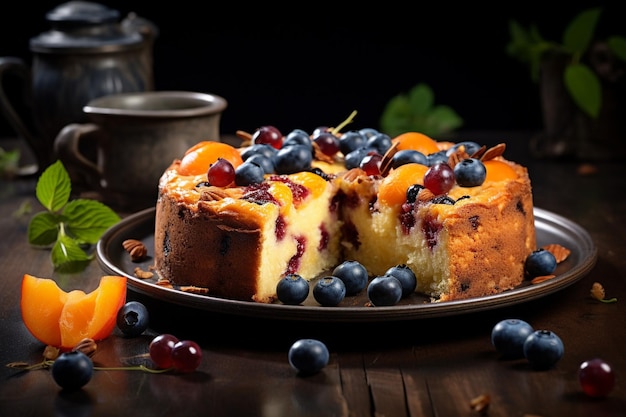 Gâteau aux abricots et aux bleuets avec des bleuets frais et des fruits d'abricot